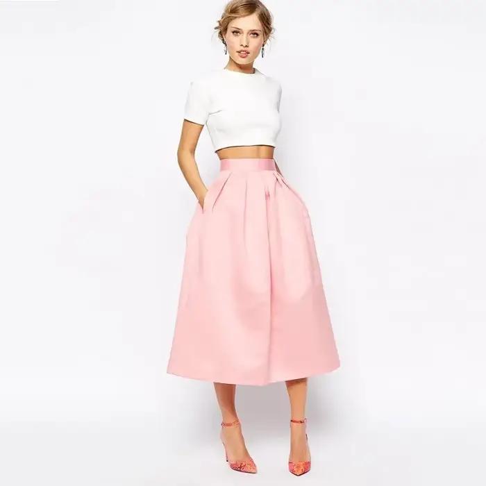 Jupes trapèze plissées en satin rose pour dames