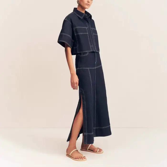 Jupe costume femmes Denim chemise jupes longues 2 pièces Ensembles lavé Vintage Ensemble simple boutonnage surchemise haut tenues d'été