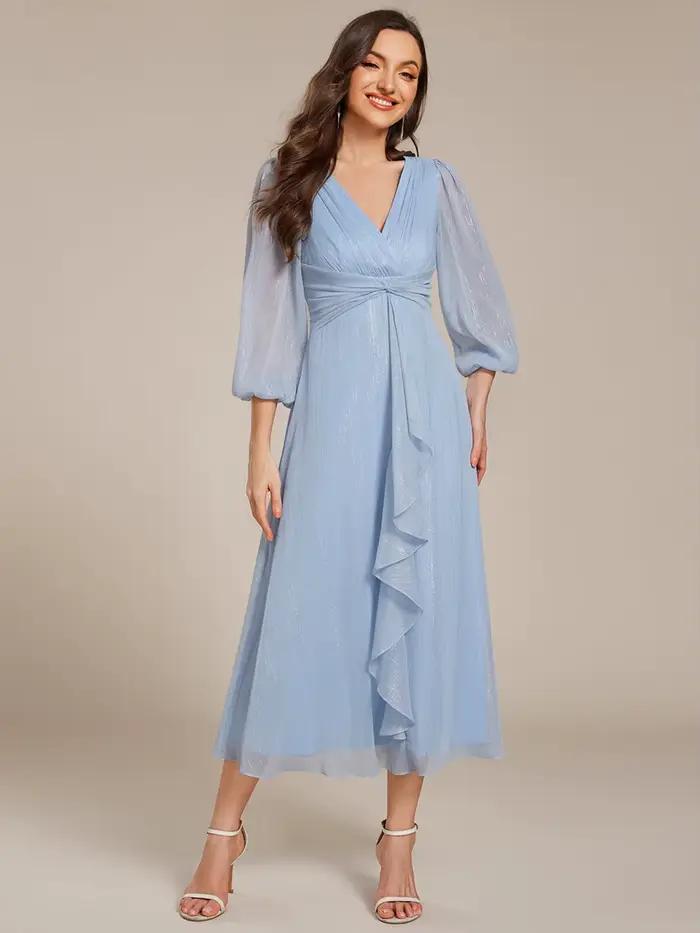 Robes de soirée élégantes, col en V profond, manches longues, longueur genou, Ever Pretty, en mousseline de soie brillante, bleu ciel, robes pour invitées de mariage