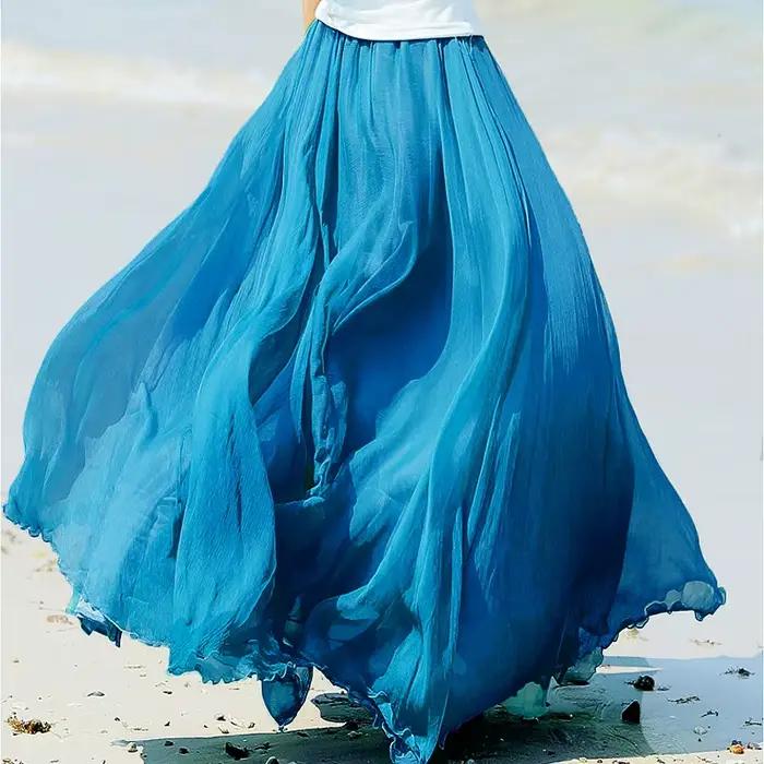 Jupe longue en mousseline de soie pour femmes, taille haute, longueur au sol, à volants, blanc, été, style Boho Maxi