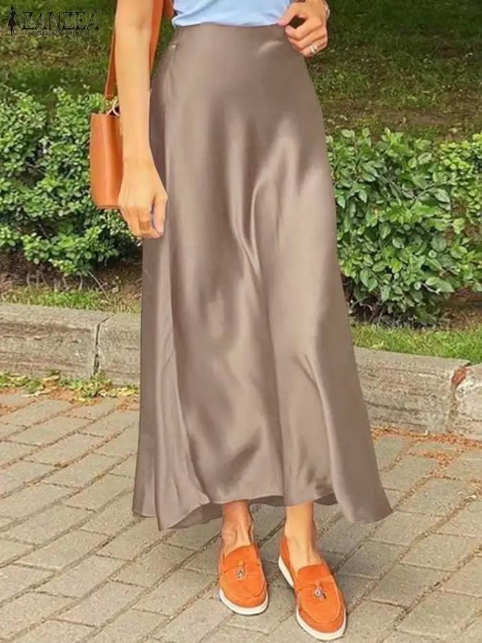 ZANZEA mode Satin soie jupes femmes été longue taille haute Jupe décontracté solide fête Faldas Saia femme Vintage
