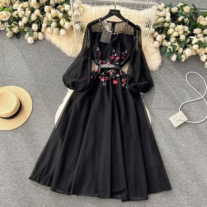 Robe longue brodée de perles blanches/beiges pour femmes, col rond, manches bouffantes, taille haute, robe de soirée élégante, nouvelle mode, automne