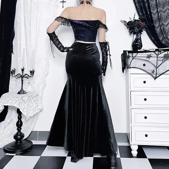 Mall Goth velours queue de poisson jupe femmes Vintage Jacquard hanche enveloppement fée Grunge