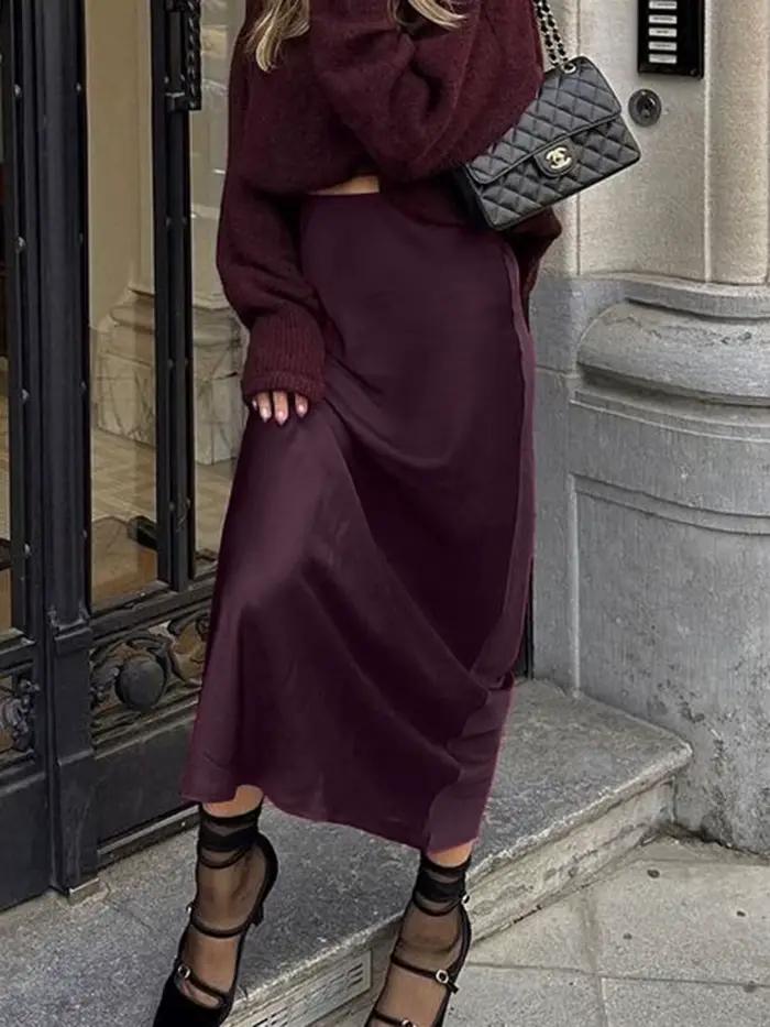 Bourgogne Satin mince jupes longues femmes été nouvelle taille haute fermeture éclair élégant a-ligne Faldas Streetwear mode Vintage jupe Midi