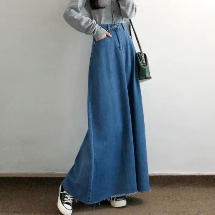 Taille haute fente Denim a-ligne jupe femmes mi-longue jupes Vintage Jean fermeture éclair boutons grand ourlet lavé effiloché coréen Harajuku