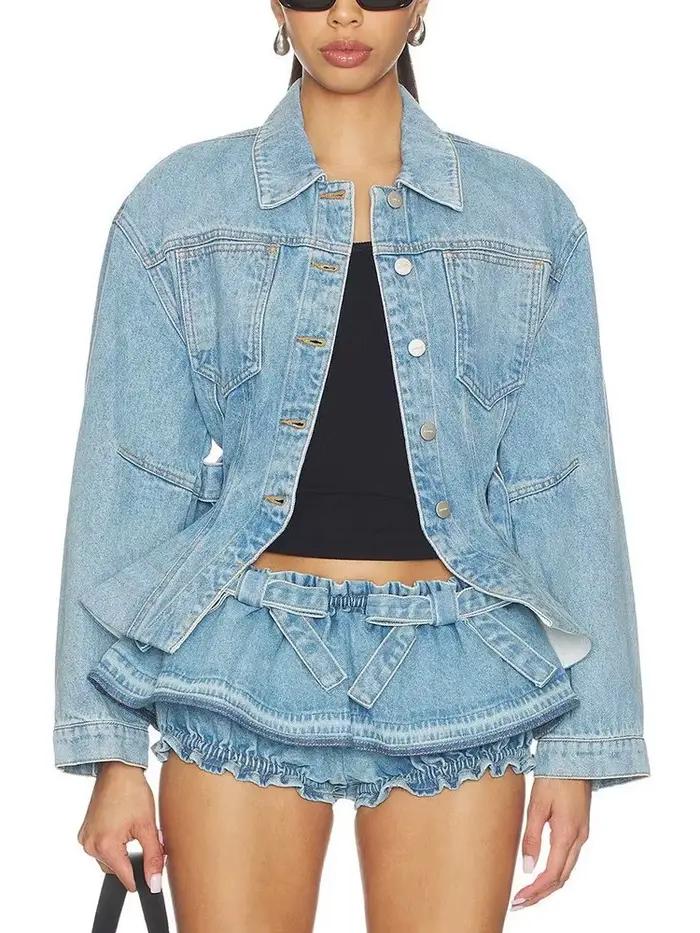 Ensemble deux pièces en jean pour femme : veste sexy à manches longues avec ceinture et short à nœud – Tenue de soirée et cocktail
