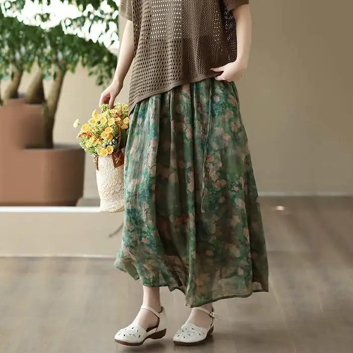 Jupe longue imprimée Vintage en coton et lin