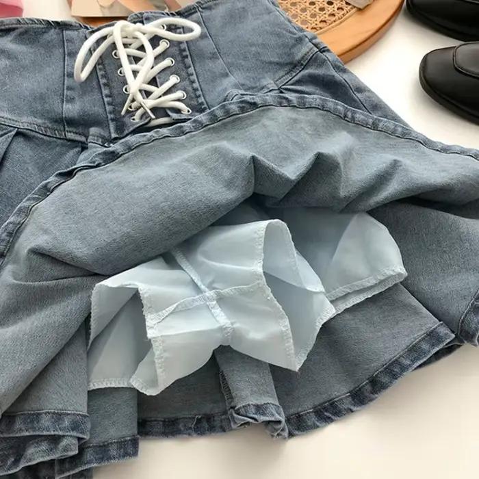 Nouvelle jupe plissée en jean pour filles, collection Printemps-Automne, jupe-short pour enfants, bas de tenue tendance pour enfants, taille extensible avec laçage, 3-14 ans
