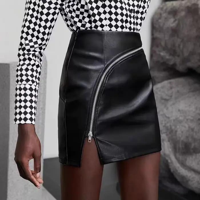 Mini-jupe tendance taille haute avec fermeture éclair et fente pour femme