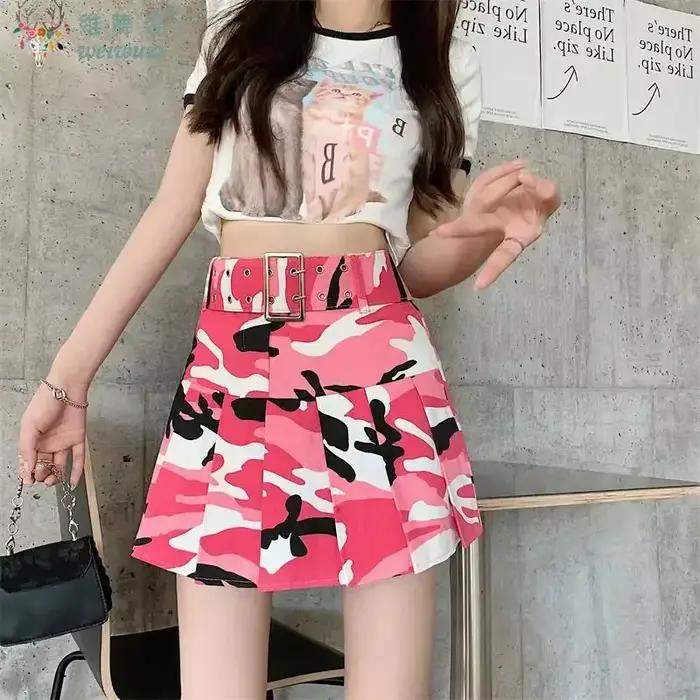 Robe d'été femme Rue femmes Camouflage Denim plissé Mini jupes danse école filles taille haute ceinture