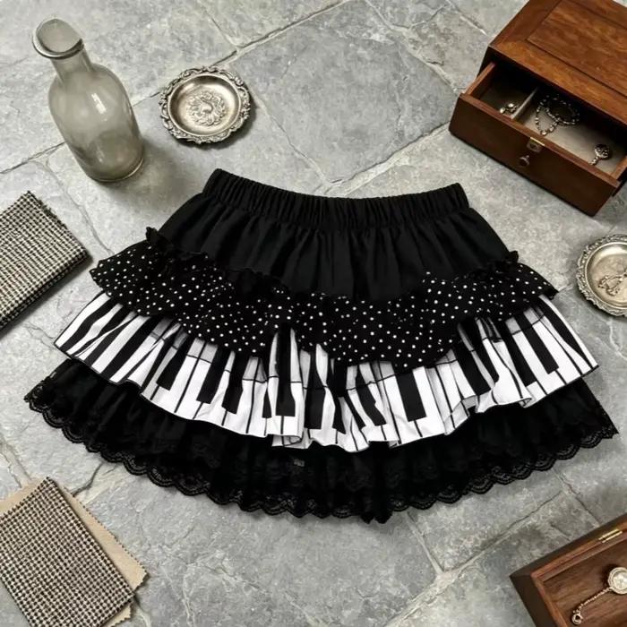 Jupe Courte Élégante Française 2026 Y2K Imprimé Piano Volants Dentelle Mini