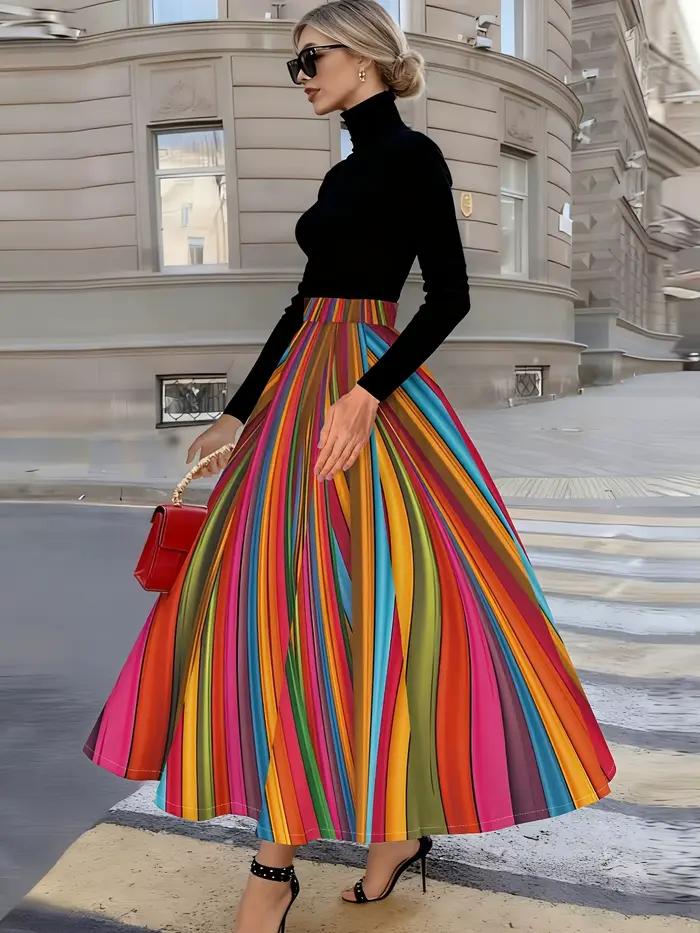 Jupe midi à rayures verticales arc-en-ciel pour femme