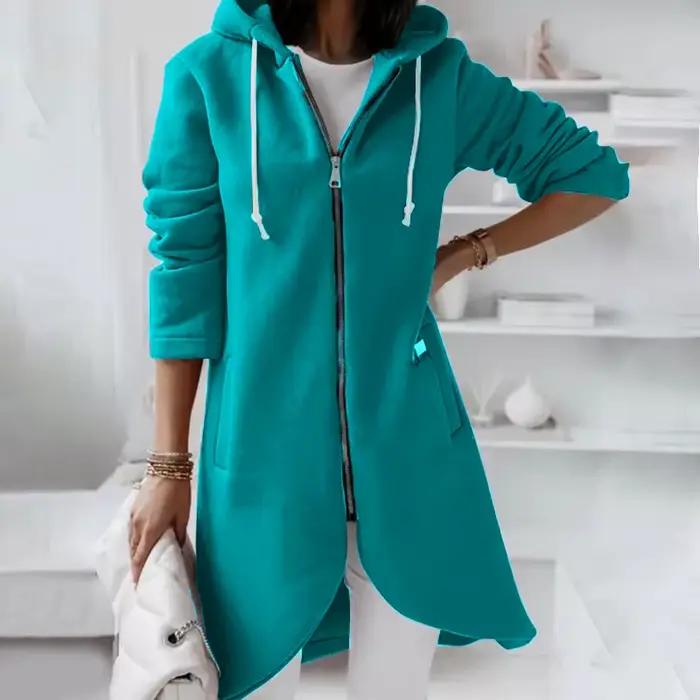 Veste à Capuche Longue pour Femme, Manteau avec Fermeture Éclair, Couleur Unie, Décontracté, Poches, Vêtements d'Extérieur, Automne et Hiver