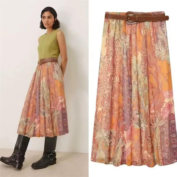 Jupe midi Guobioziy fibre de polyester fleur imprimé décontracté pour soirées officielles et carnavals femmes juniors 2026