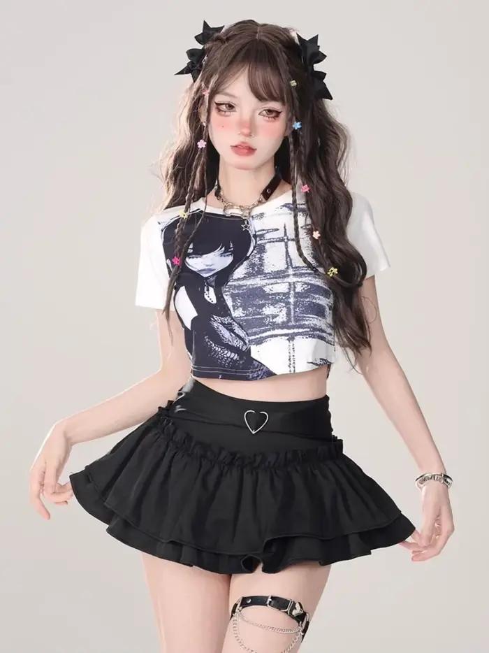Kawaii Mini jupe noir rose