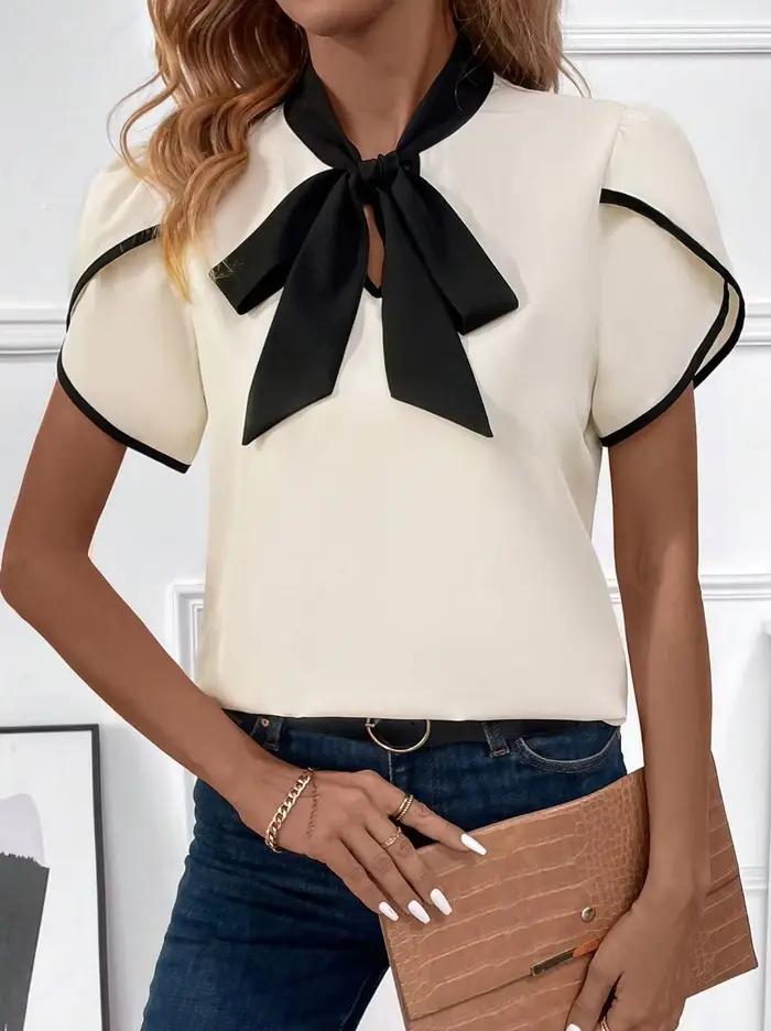 Chemisier Chic Basique Femme Printemps-Été Blanc Crème Noir Col Nœud Papillon Manches Courtes Bouffantes Élégant pour la Saint-Valentin Tenue de Bureau