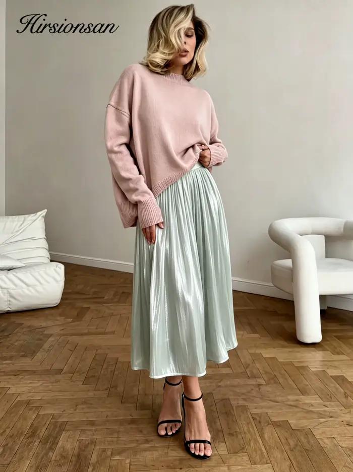 Hirsionsan-Jupe mi-longue taille haute en satin pour femme