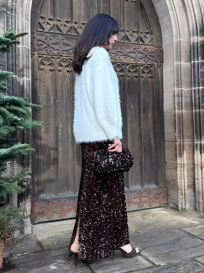 HH tendance femmes mode d'été élégant jupes de fête solide taille haute paillettes décoration fente femme Sexy mince