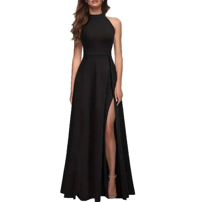 Robe de soirée longue à col haut et fente latérale de couleur unie pour femmes - Robe élégante et amincissante pour banquets et fêtes