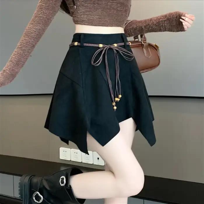 Jupes irrégulières fille jupe courte Vintage daim Midi taille haute jupe trapèze coquine Multi ceinture pantalon de sécurité jupe intégrée