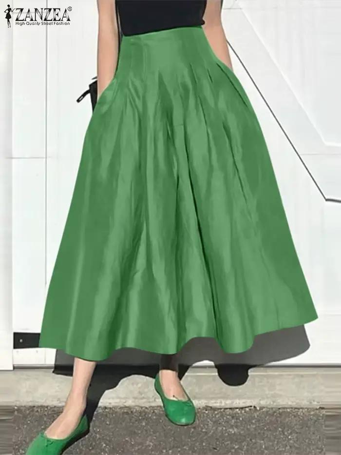 Mode femmes jupes longues ZANZEA été solide Jupe plissée Eelgant une ligne fête travail robes taille haute Faldas Saia