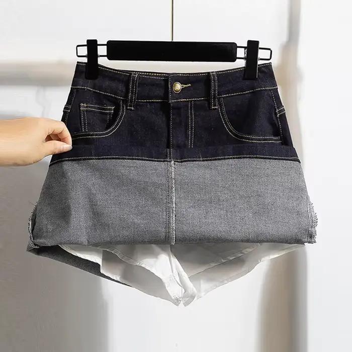 Vintage ample grande taille Denim jupes femmes été décontracté a-ligne Mini jupes avec short bleu foncé taille haute jean jupe femme