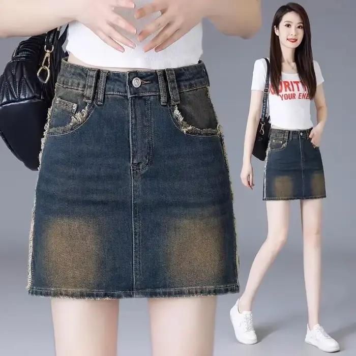 Jupe en jean femme rétro taille haute frange