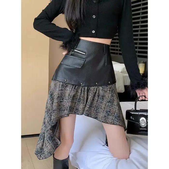 Jupe courte américaine en cuir Pu irrégulier pour femme