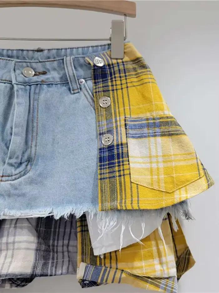 DEAT – jupe en jean pour femmes, Patchwork à carreaux colorés, déconstruit irrégulier, ligne a, taille haute, Mini jupe, nouvelle mode printemps 2026