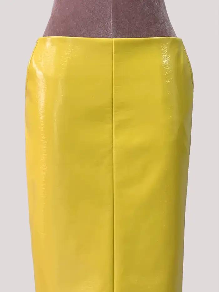 Mauroic printemps été brillant réfléchissant jaune vif Faux cuir jupe crayon femmes avec fente arrière taille haute nouveautés 2025