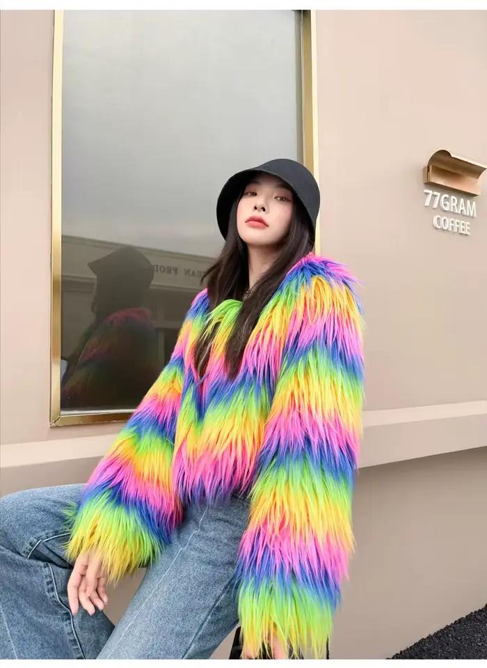 Manteau en fausse fourrure arc-en-ciel pour femme, Streetwear chaud pour femme, col rond, manches longues, vêtements d'extérieur d'hiver