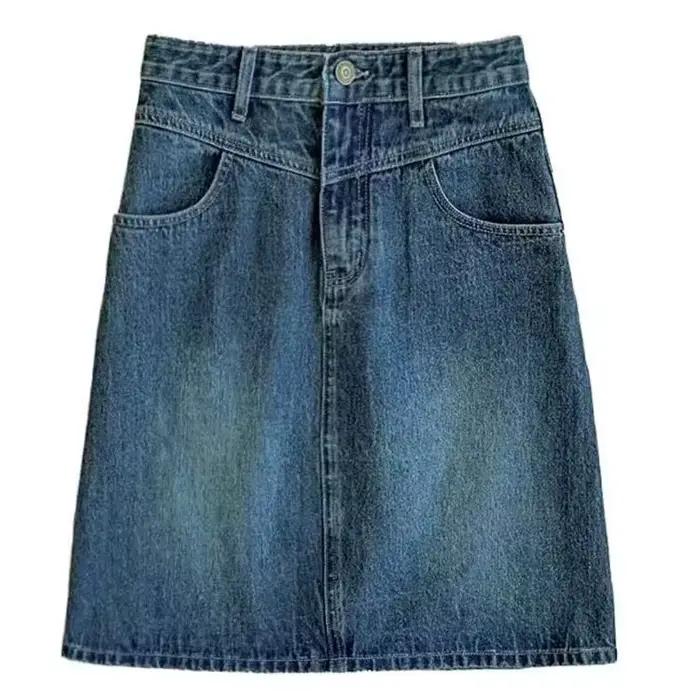 Jupe mi-longue en jean bleu taille haute pour femme