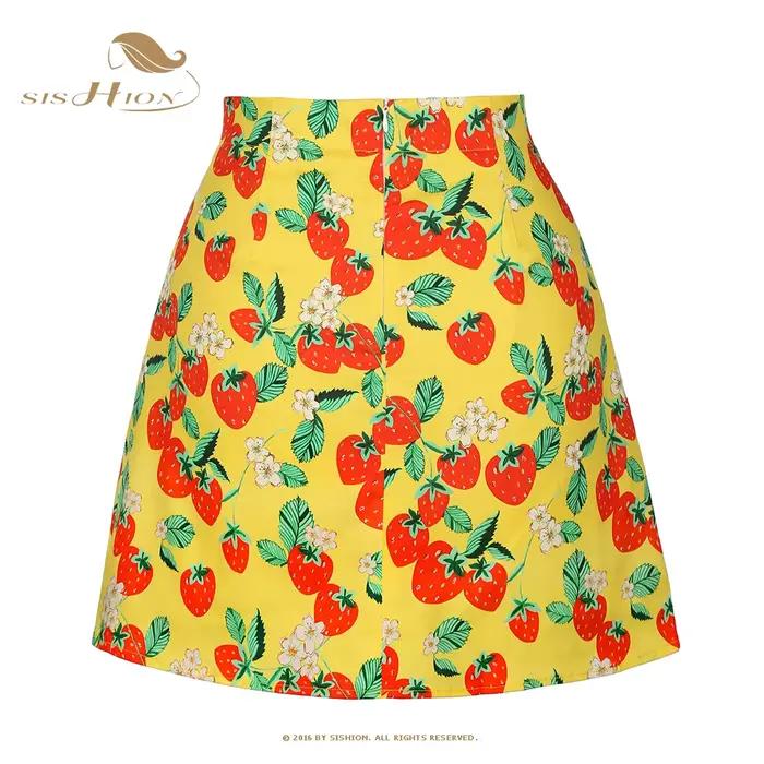 SISHION 50s 60s Vintage fraise imprimé Mini longueur jaune jupe SS0008 une ligne coton courte Sexy été femmes jupes