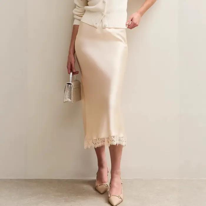 Jupe longue fendue en satin noir pour femme, sexy, moulante, en soie, avec fente, pour l'été, jupe formelle en dentelle de luxe pour femme