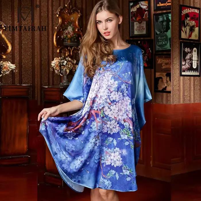 Chemise de nuit en soie mûre pour femme, tenue de nuit longue, motif Floral, 100% soie, cadeau idéal, 19mm
