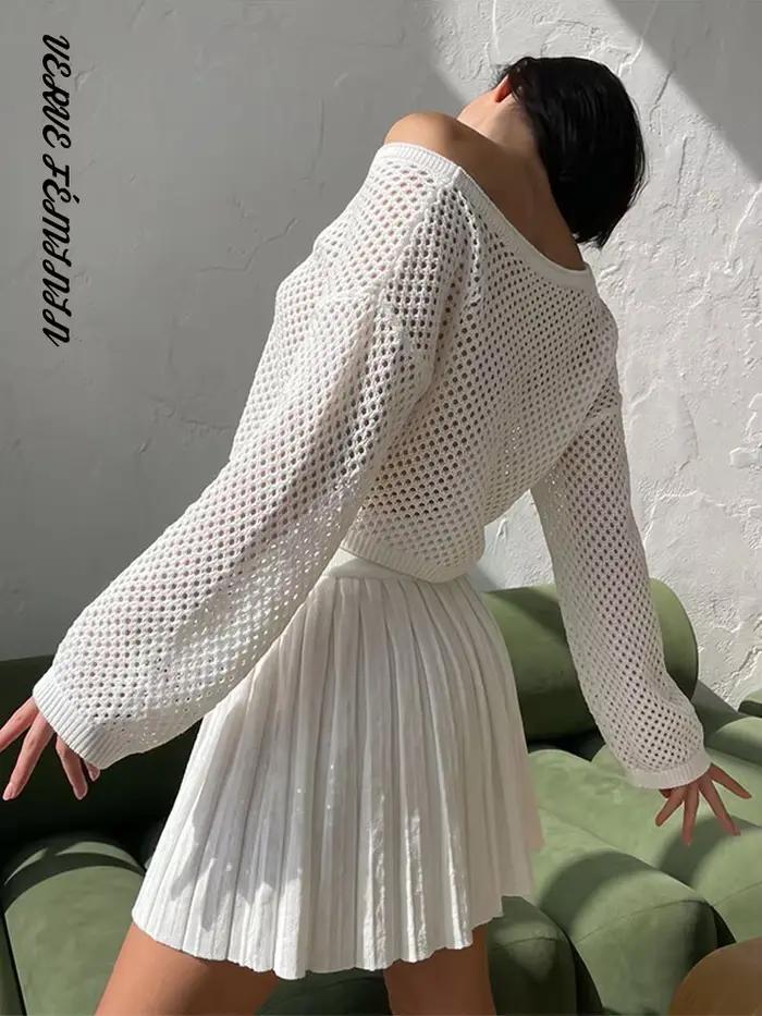 Ensemble haut tricoté ajouré et mini-jupe plissée pour femme, hauts amples à manches longues col rond sexy, jupes à taille élastique, tenues chics pour femmes