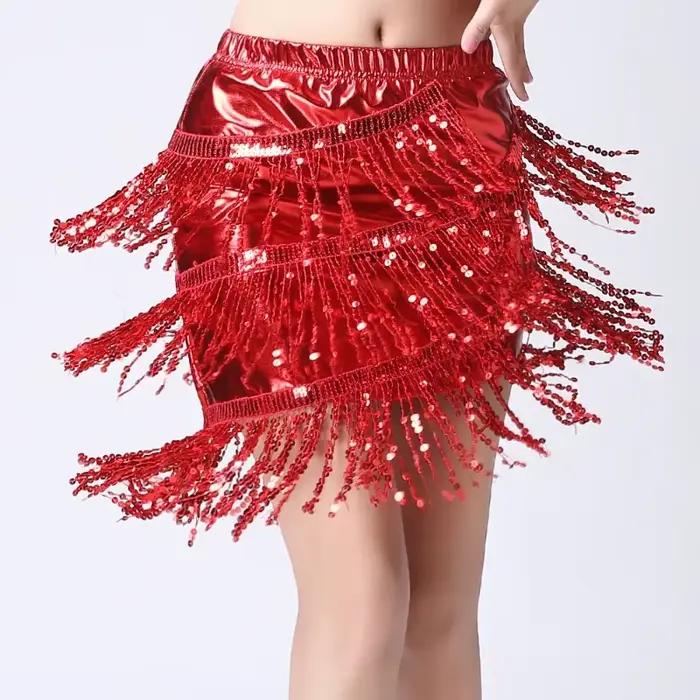 Jupe à franges en cuir verni et paillettes pour femme danse latine occasion spéciale compétition spectacle