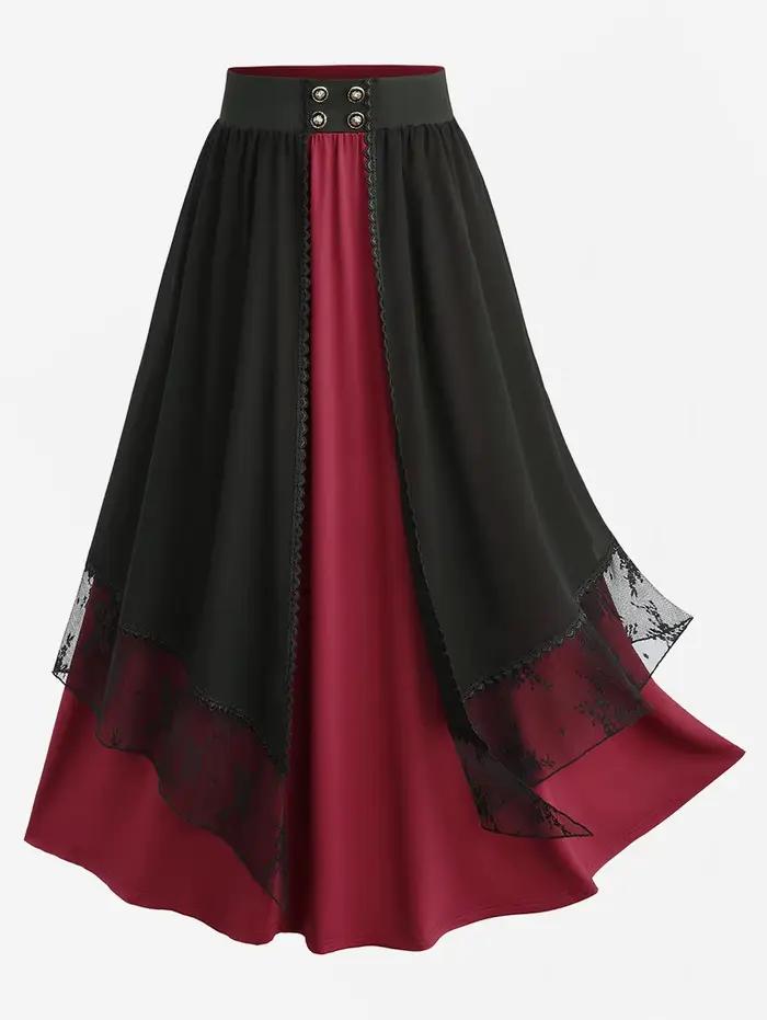 Jupes pour femmes grandes tailles, jupe superposée en dentelle et mousseline rouge foncé ou costume de vampire pour Halloween, jupe gothique à lacets bicolore