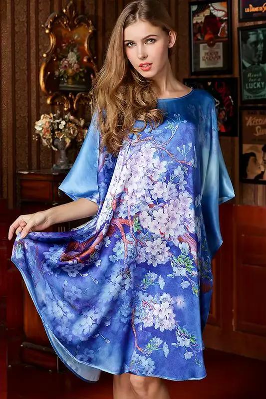 Chemise de nuit en soie mûre pour femme, tenue de nuit longue, motif Floral, 100% soie, cadeau idéal, 19mm