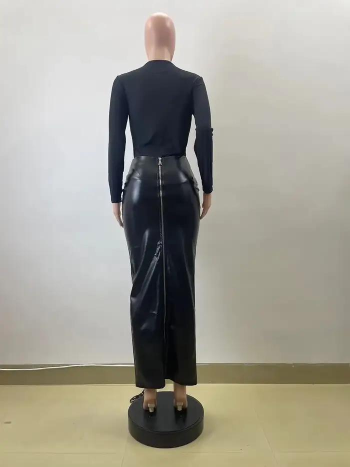 Jupe mi-longue en PU pour femme
