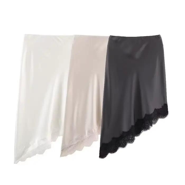 BSAY dentelle asymétrie Satin Texture jupe femmes mode automne hiver nouveau solide Chic femme taille haute jupes élégantes Mujer