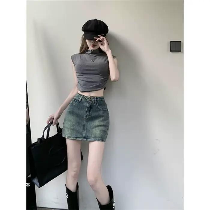 Jupe mini en jean taille haute pour femme