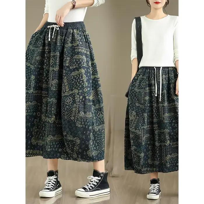 Jupe florale taille haute pour femmes, nouvelle jupe trapèze en Denim surdimensionnée, Vintage, décontractée, taille élastique, automne 2025