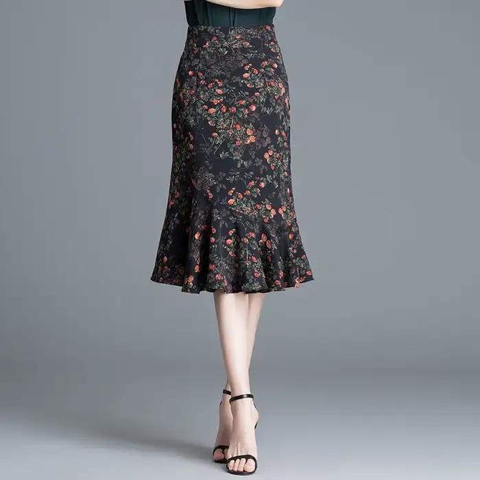 Jupe mi-longue sirène à imprimé floral pour femme
