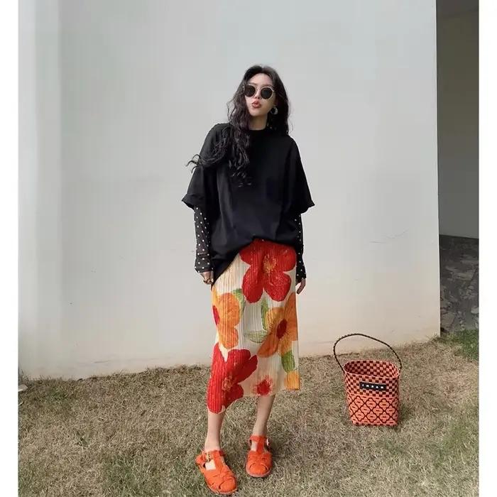 Jupe mi-longue à imprimé floral vintage pour femmes
