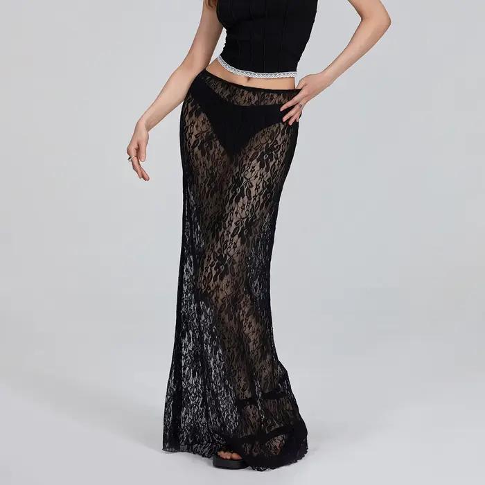 Jupe longue taille basse en dentelle florale pour femme