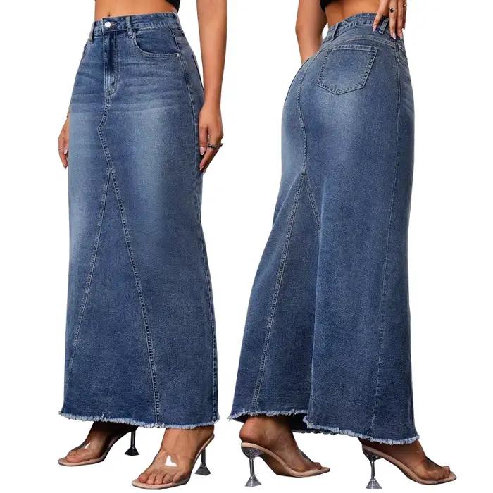 Jupes femmes Denim jupe longue hanche enveloppement taille haute poches extensibles lavé femme été Streetwear Vintage une ligne en détresse 2025