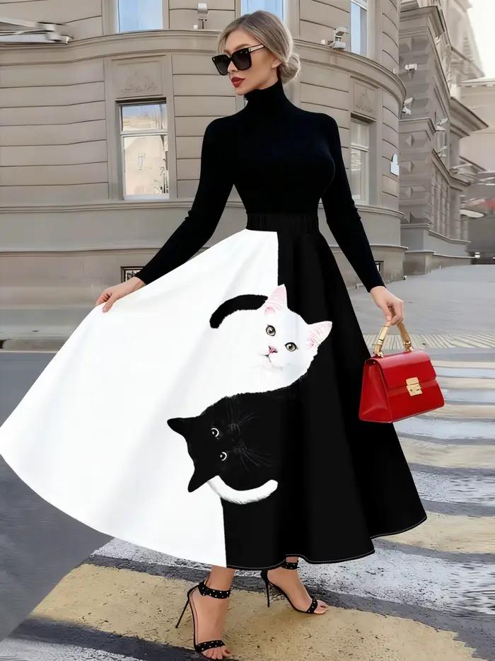 Jupe midi décontractée à imprimé chat noir et blanc pour femme