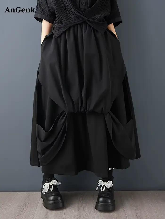 Jupe longue décontractée noire vintage à taille haute avec empiècements plissés pour femme, grande taille, nouvelle collection printemps-été-automne 2026