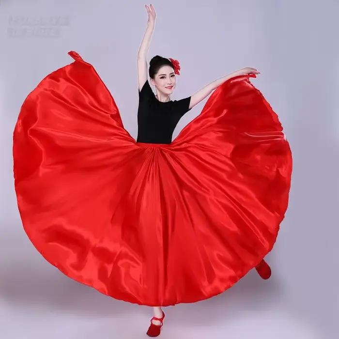 Jupe longue de danse gitane pour femmes, couleur unie, violet, or, en Satin, Yi et Uyghur, Costumes de danse tibétaine